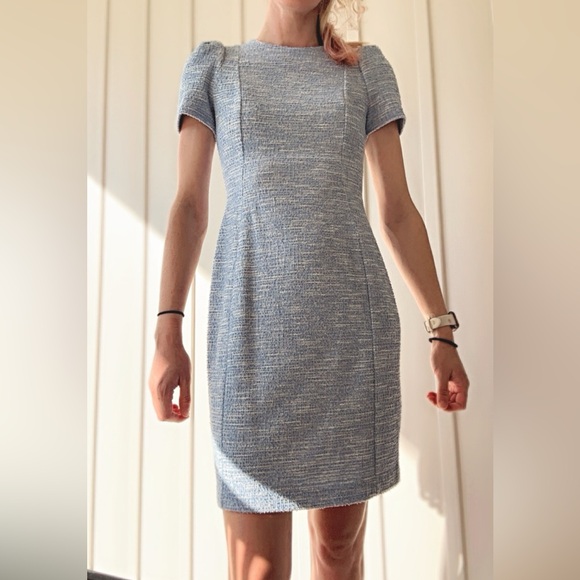 NWOT Calvin Klein Tweed Light Blue and White Dress with Padded Sleeves - Picture 6 of 6